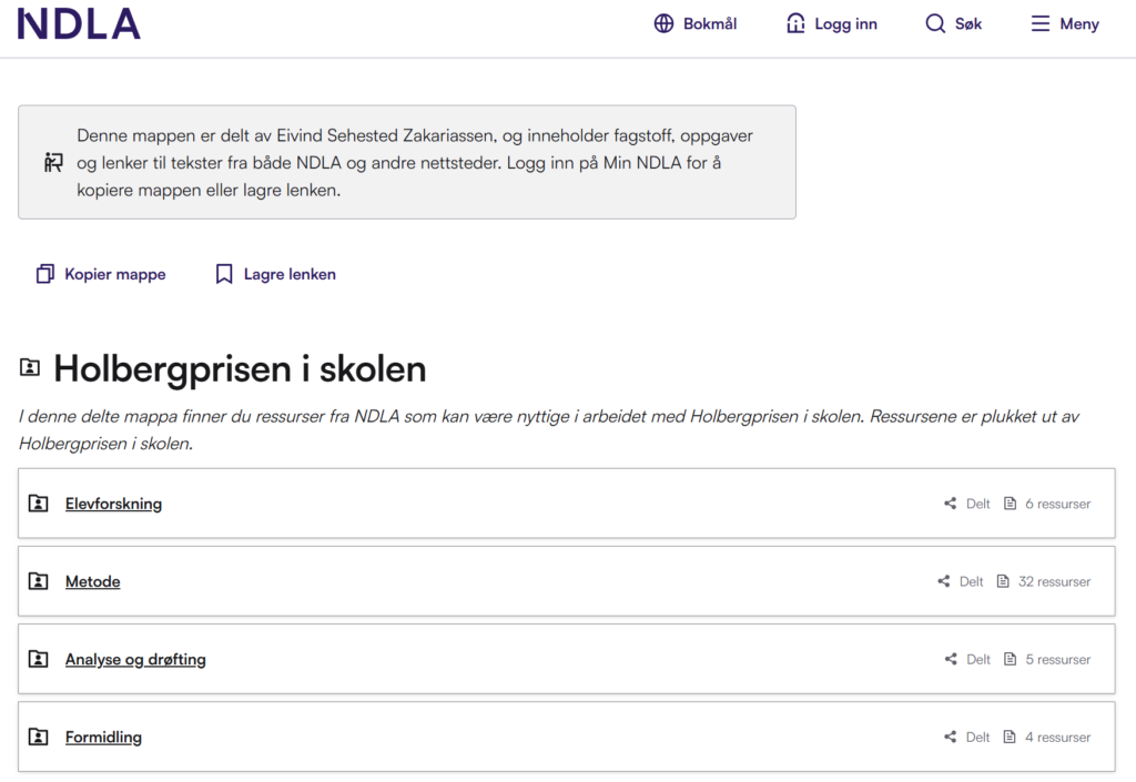 Skjermbilde av vår samlingsside på NDLA