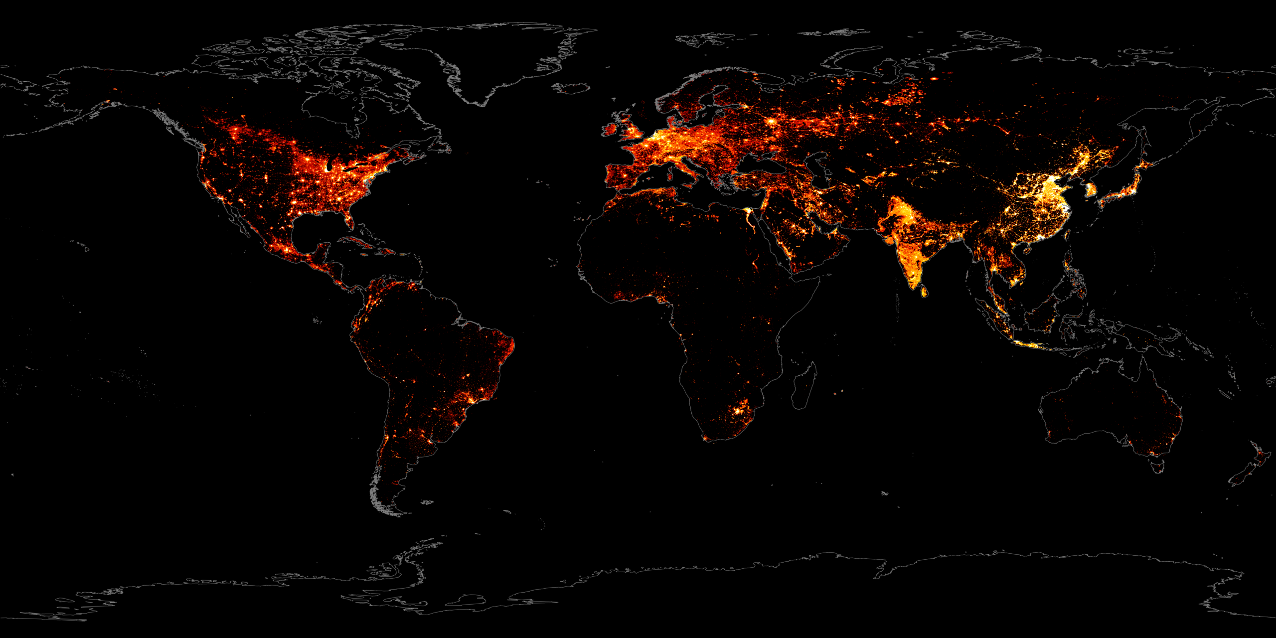 Bildet viser et globalt kart over menneskeskapte karbondioksidutslipp (CO₂), laget av NASAs Scientific Visualization Studio ved hjelp av datasettet ODIAC (Open-source Data Inventory for Anthropogenic CO₂)